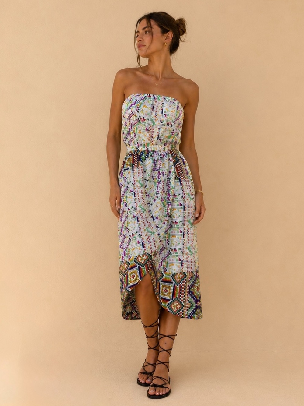 Charlie Jade Mosaic Print 100% Silk Strapless Side Tie Dress, SZ‎ S NWT